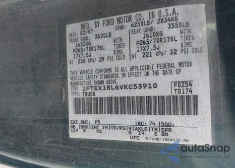 1997 Ford F-150 Lariat/Xl/Xlt from USA, damaged, VIN 1FTEX18L6VKC53910